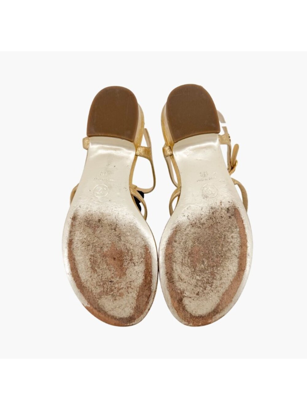 Chanel Camellia Pearl T-Strap Sandals Gold Leather Size 37C US 6–6.5 Women Flat - Picture 14 of 15